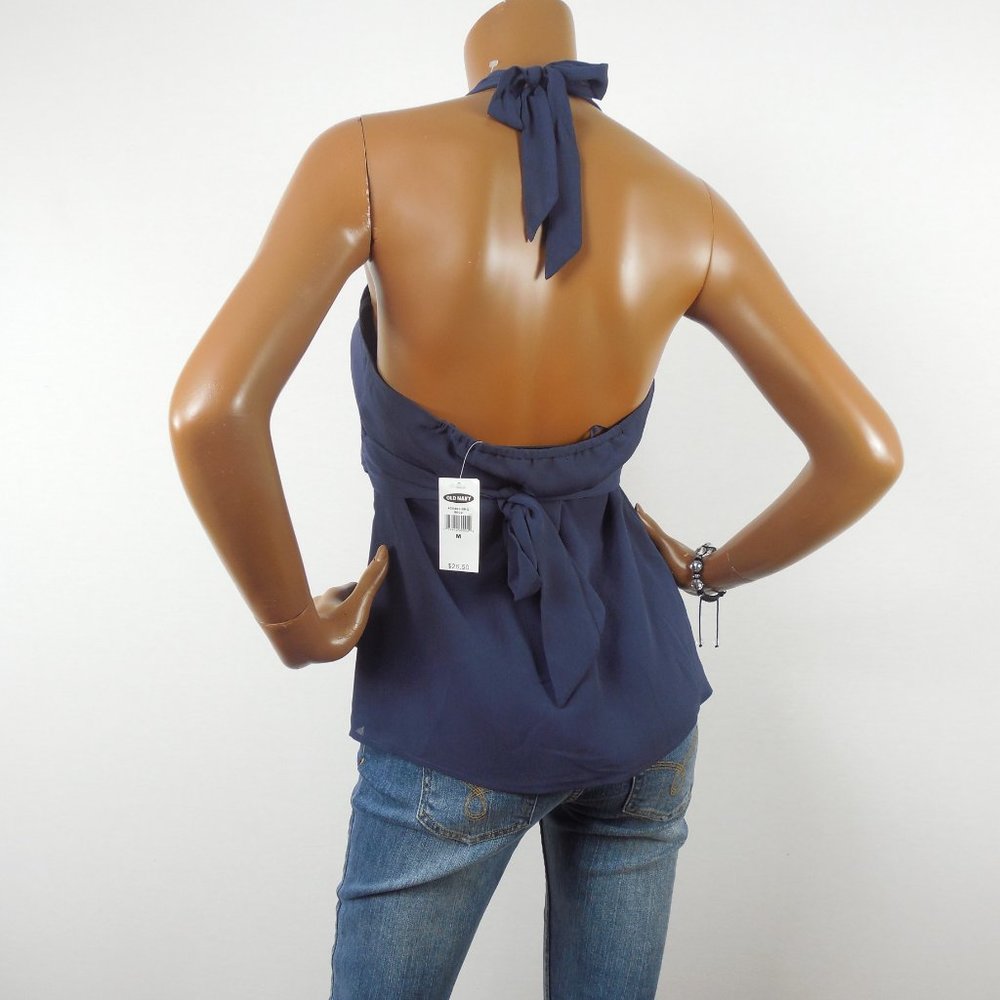 OLD NAVY M Halter Top NWT Beads Lined Chiffon V-Neck Ties In Back Navy Blue - Picture 7 of 11